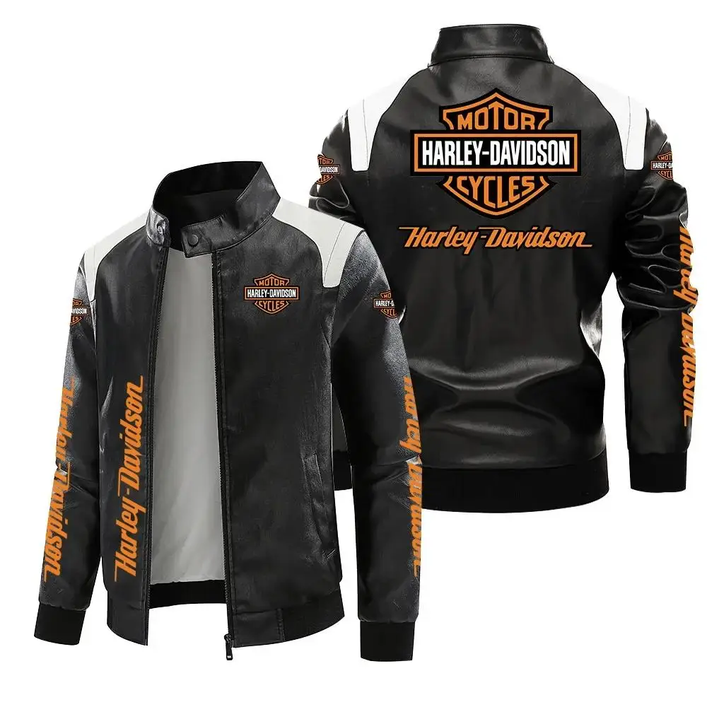 Harley Davidson Men Autumn Winter Fleece-lined Leather Jacket Motorcycle Waterproof Coat Outdoors Fashion Keep Warm Thick Tops