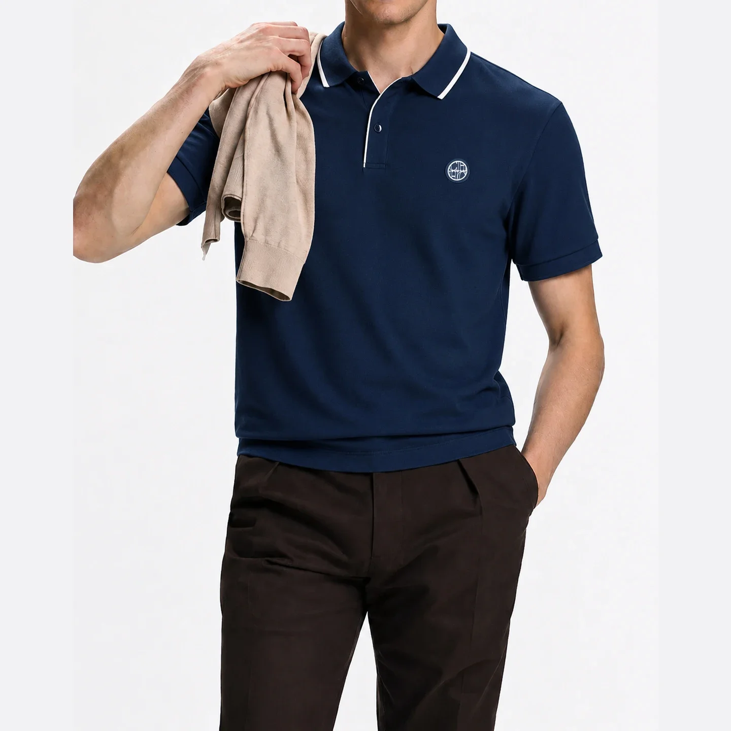 CH Men Single White Tipped Collar Short Sleeve Polo Shirt Round Rubber Badge Logo Left Chest Old Money Golf Office Daily Wear