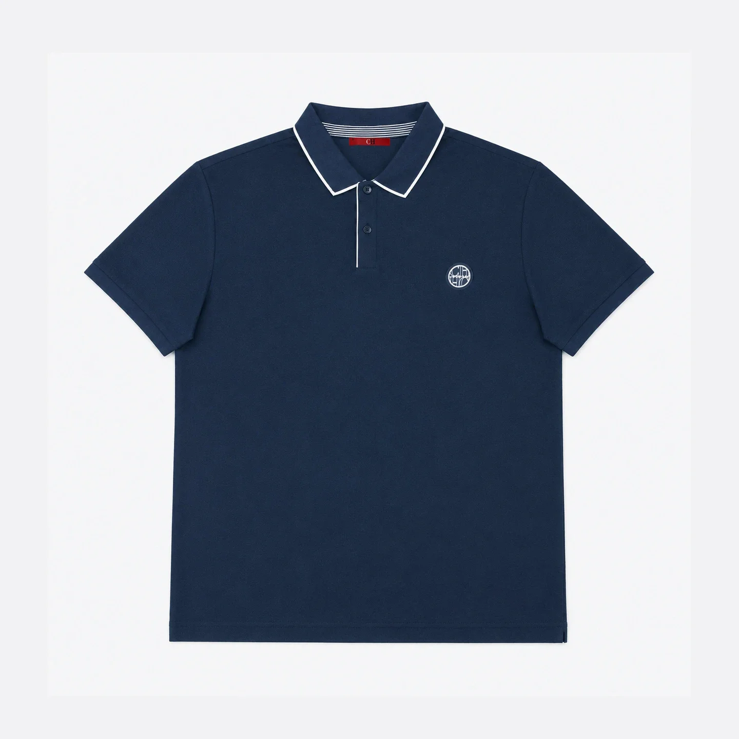 CH Men Single White Tipped Collar Short Sleeve Polo Shirt Round Rubber Badge Logo Left Chest Old Money Golf Office Daily Wear