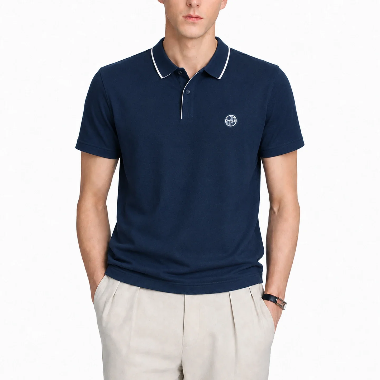 CH Men Single White Tipped Collar Short Sleeve Polo Shirt Round Rubber Badge Logo Left Chest Old Money Golf Office Daily Wear