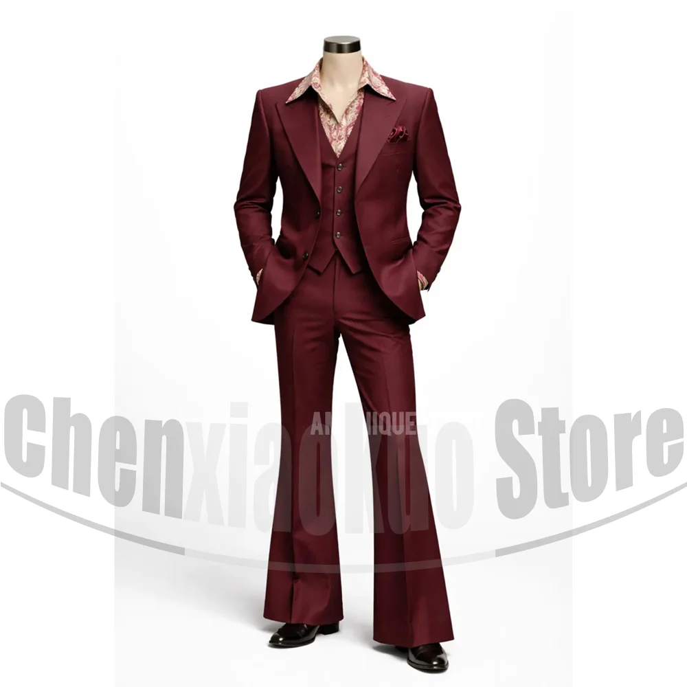 Vintage 3 Piece Men Suit Peak Lapel Single Breasted Tuxedo 70s Disco Groom Custom Bespoke Male Retro Stage Formal Costume Wear