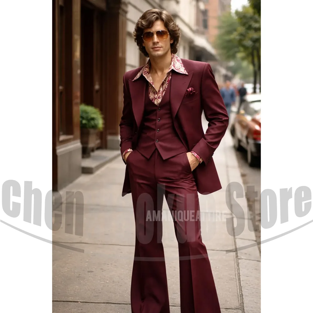Vintage 3 Piece Men Suit Peak Lapel Single Breasted Tuxedo 70s Disco Groom Custom Bespoke Male Retro Stage Formal Costume Wear