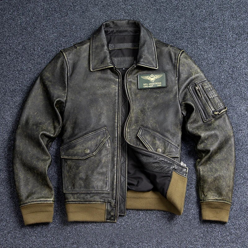 Bomber 45P Genuine Leather Jacket.Vintage Plus Size Real Cowhide Coat.Mens Classic Oversize Leather Cloth