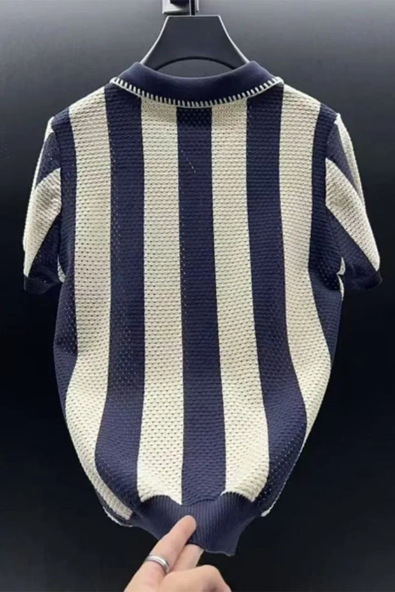 New Summer 2025 Breathable Slimming Collar Polo Striped Breathable Knitted Short Sleeve T-shirt for Casual Korean Men's Pullover