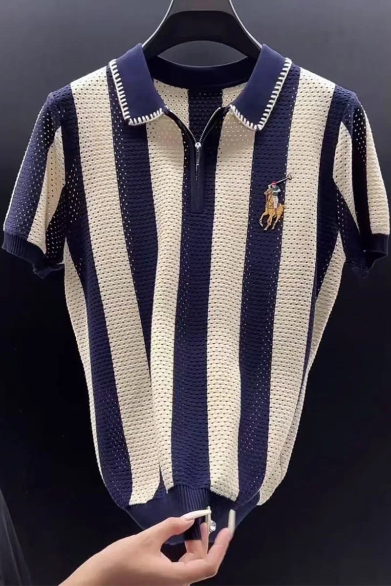 New Summer 2025 Breathable Slimming Collar Polo Striped Breathable Knitted Short Sleeve T-shirt for Casual Korean Men's Pullover