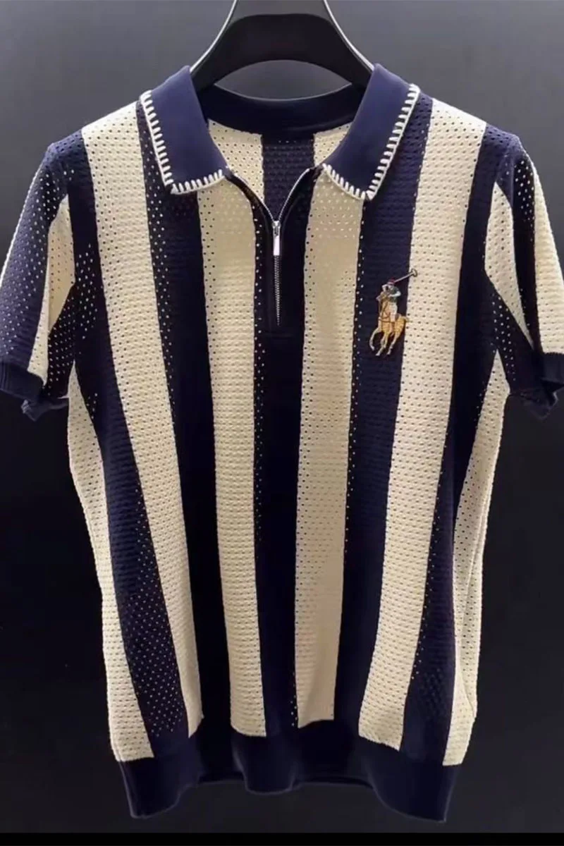 New Summer 2025 Breathable Slimming Collar Polo Striped Breathable Knitted Short Sleeve T-shirt for Casual Korean Men's Pullover