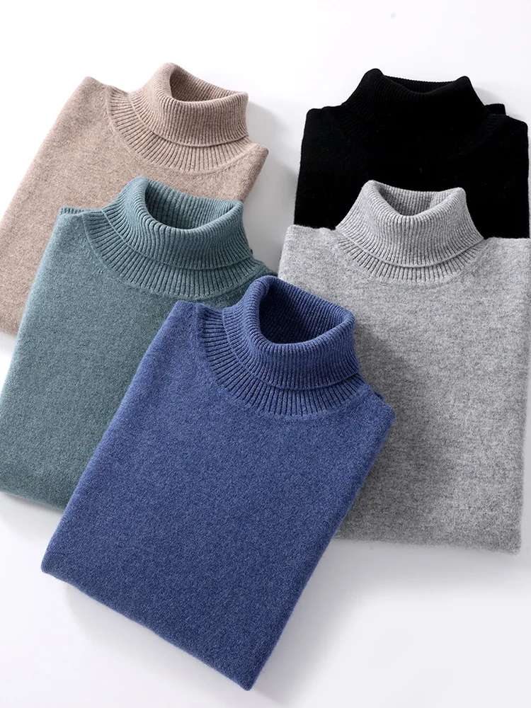 Autumn Winter Men Wool Turtleneck Pullover Long Sleeve Basic Cashmere Sweater 100% Merino Wool Knitwear Smart Casual Clothing