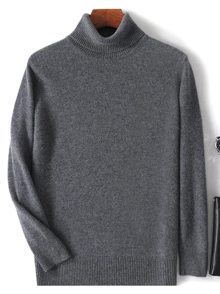 Autumn Winter Men Wool Turtleneck Pullover Long Sleeve Basic Cashmere Sweater 100% Merino Wool Knitwear Smart Casual Clothing