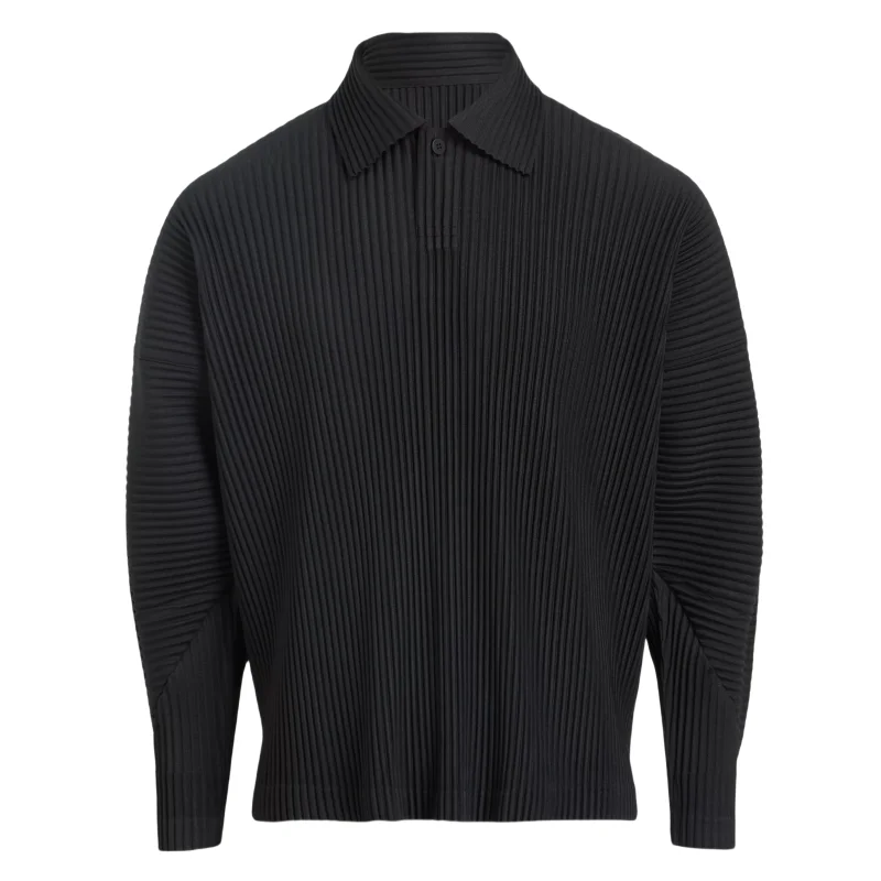 Miyake Pleated Men Polo Shirt Long-sleeved Lapel T Shirt Full Sleeves Breathable Casual Polo
