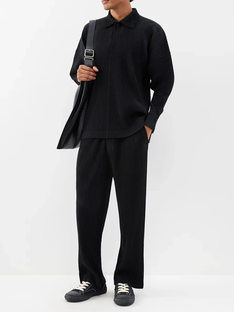 Miyake Pleated Men Polo Shirt Long-sleeved Lapel T Shirt Full Sleeves Breathable Casual Polo