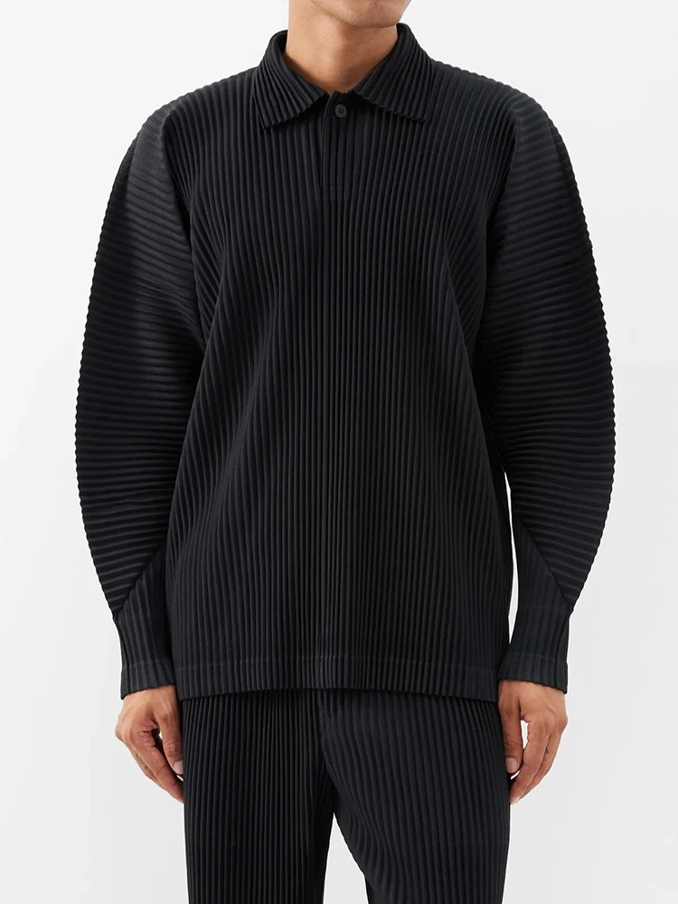 Miyake Pleated Men Polo Shirt Long-sleeved Lapel T Shirt Full Sleeves Breathable Casual Polo