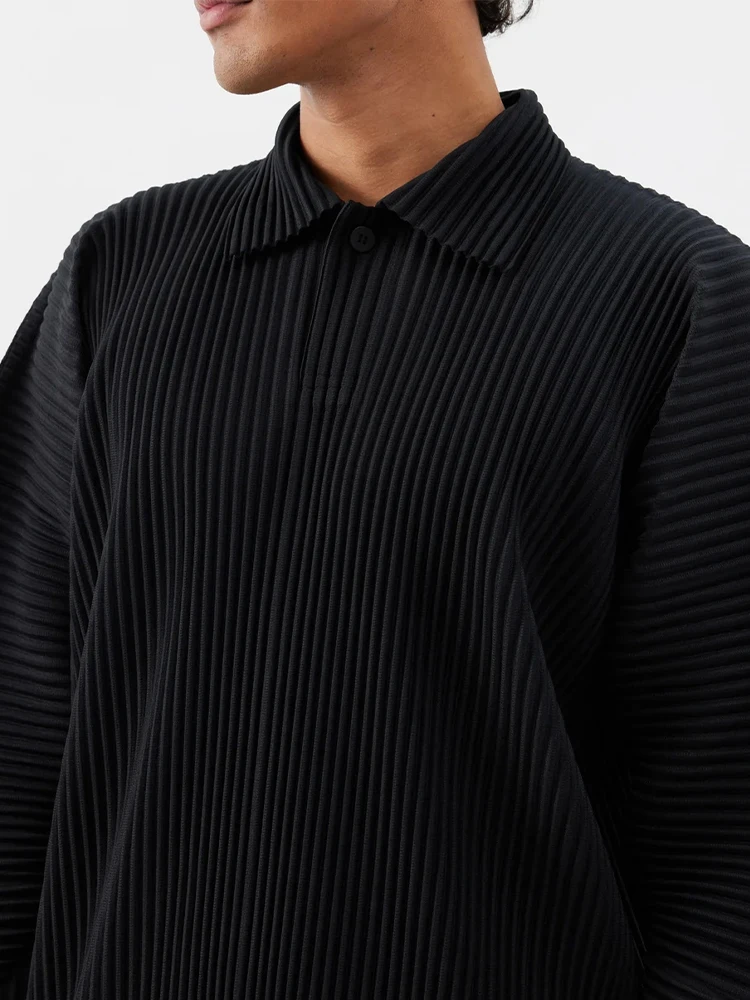 Miyake Pleated Men Polo Shirt Long-sleeved Lapel T Shirt Full Sleeves Breathable Casual Polo