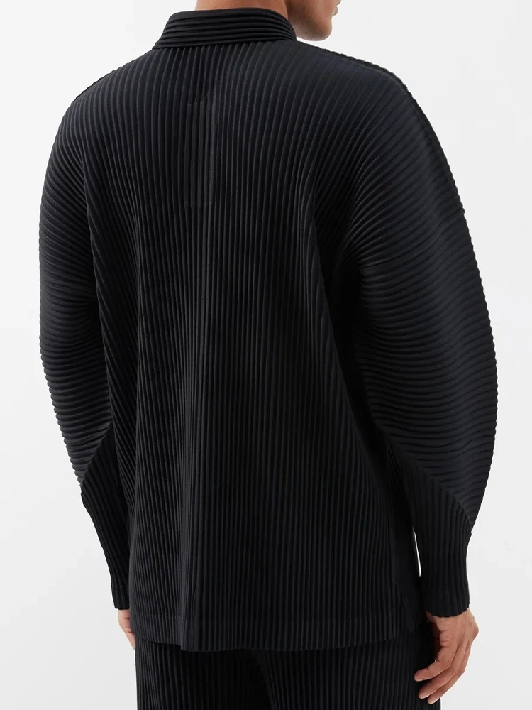Miyake Pleated Men Polo Shirt Long-sleeved Lapel T Shirt Full Sleeves Breathable Casual Polo