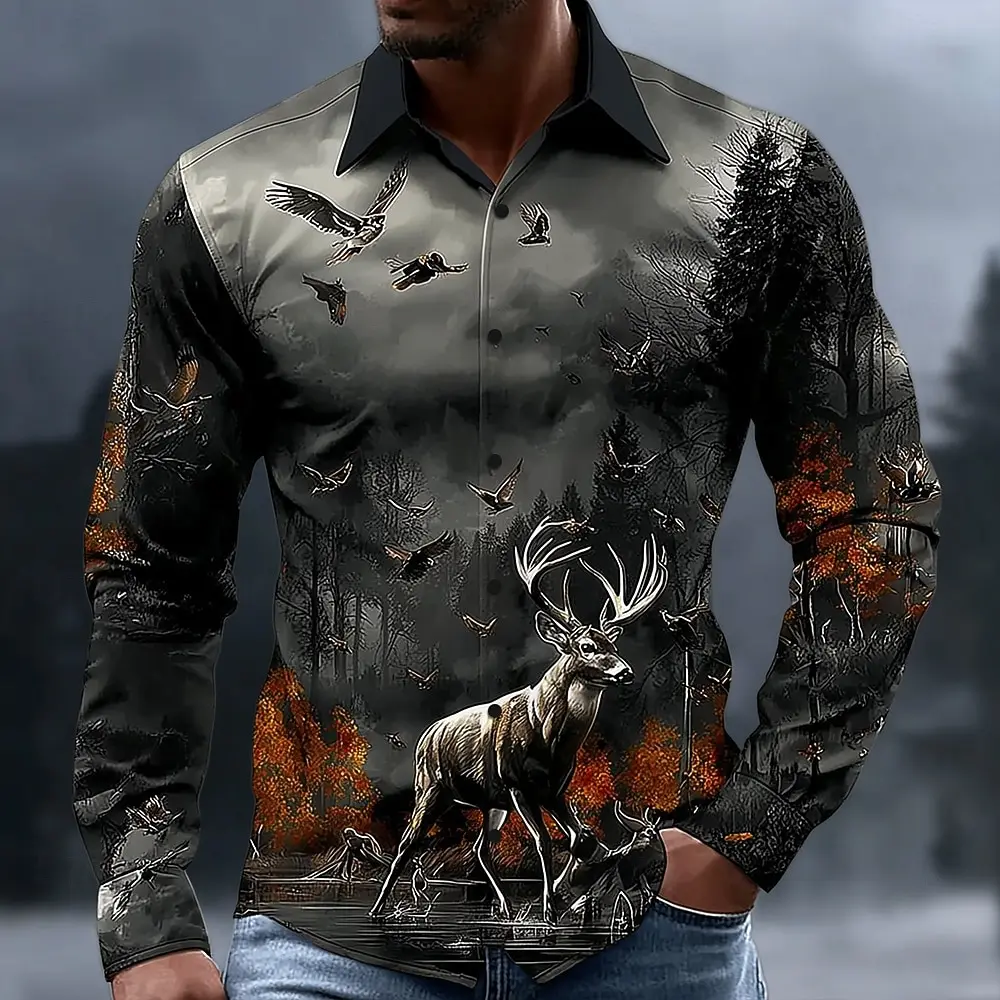 Retro Men's Reindeer Aztec Indian Culture Shirt Long Sleeve Shirt Casual Men's Deer Hunter Tops 3D Print Collared Shirt