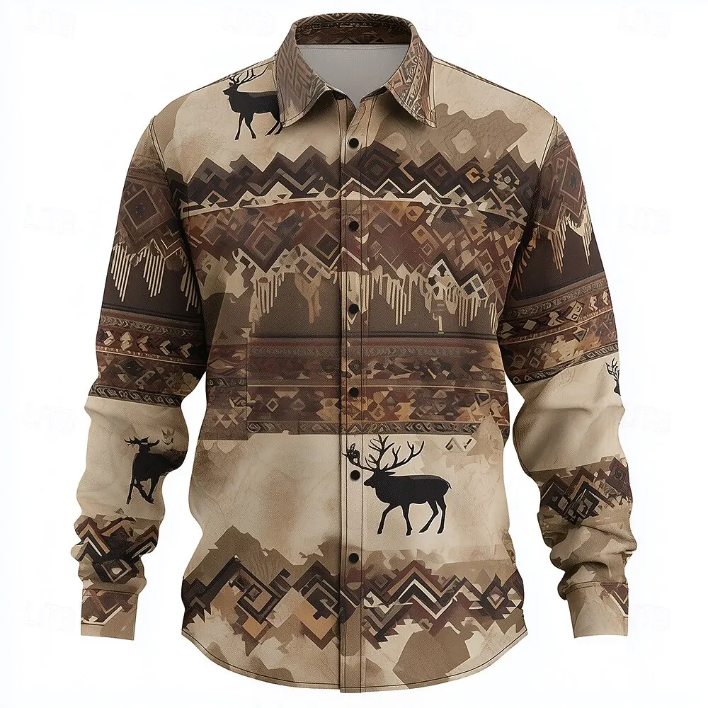 Retro Men's Reindeer Aztec Indian Culture Shirt Long Sleeve Shirt Casual Men's Deer Hunter Tops 3D Print Collared Shirt