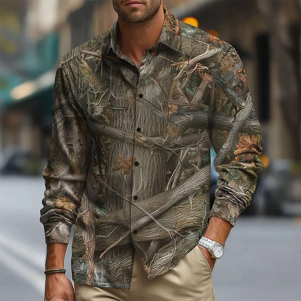 Retro Men's Reindeer Aztec Indian Culture Shirt Long Sleeve Shirt Casual Men's Deer Hunter Tops 3D Print Collared Shirt