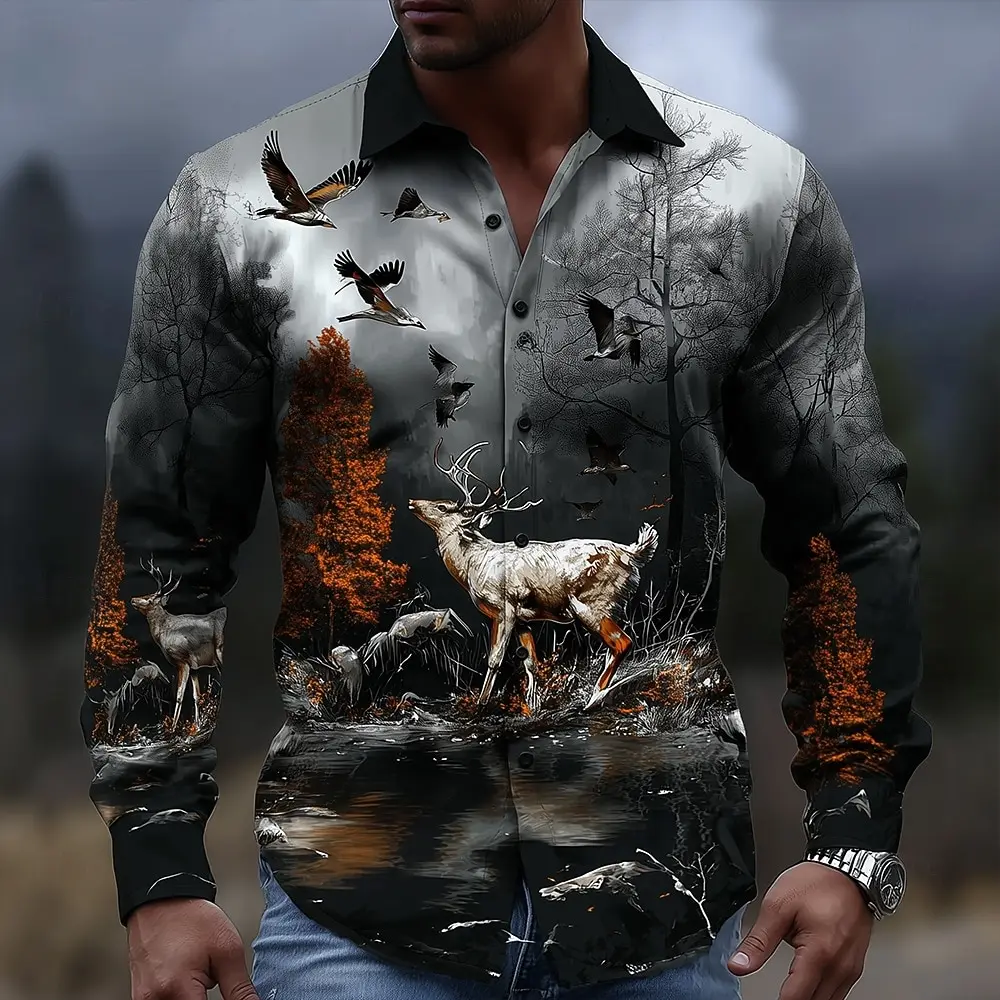 Retro Men's Reindeer Aztec Indian Culture Shirt Long Sleeve Shirt Casual Men's Deer Hunter Tops 3D Print Collared Shirt