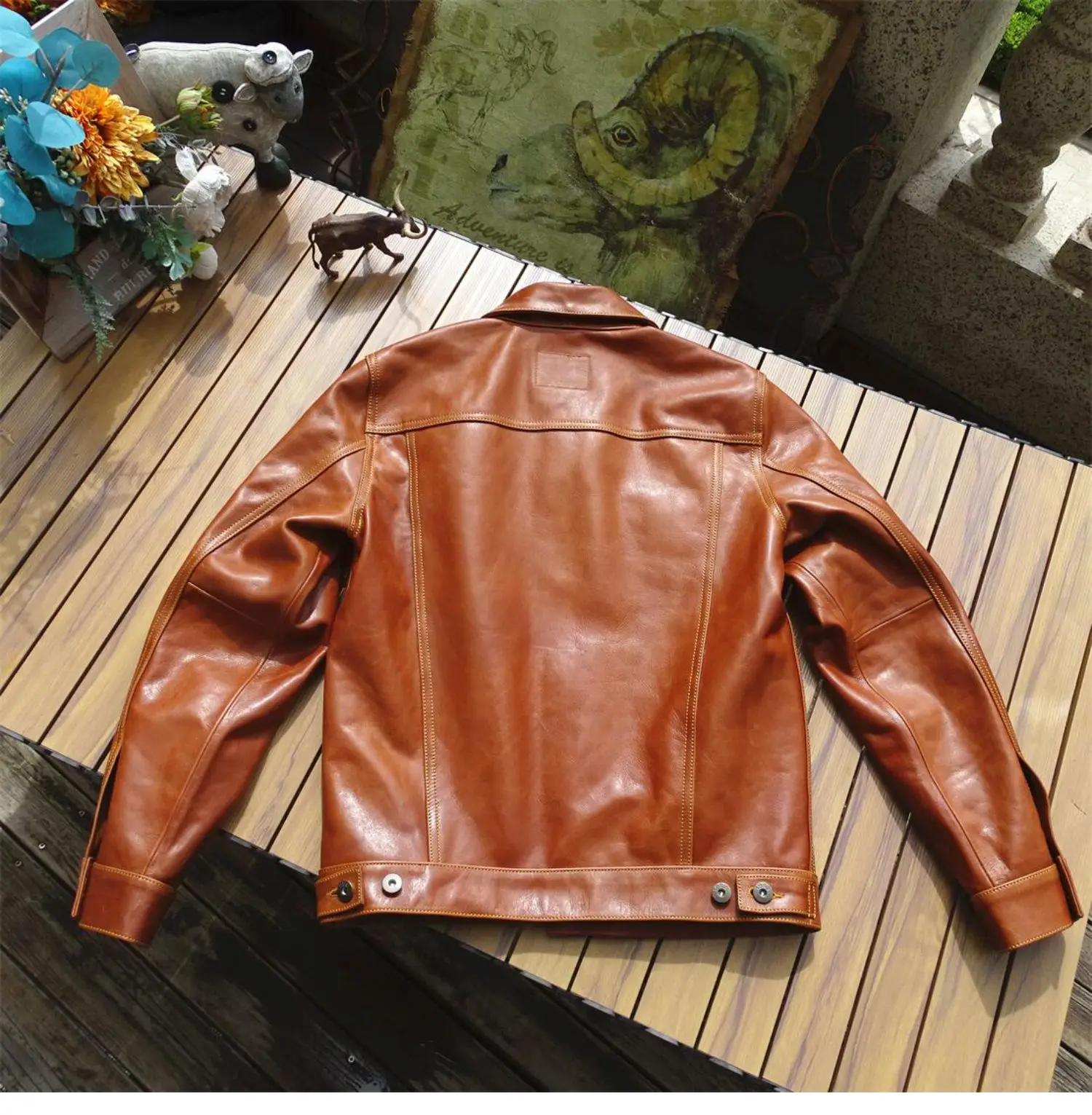 Brown Spring Leather Jacket Men Retro Style American Size Genuine Natural Cowhide Single Breasted Denim Leather Coat