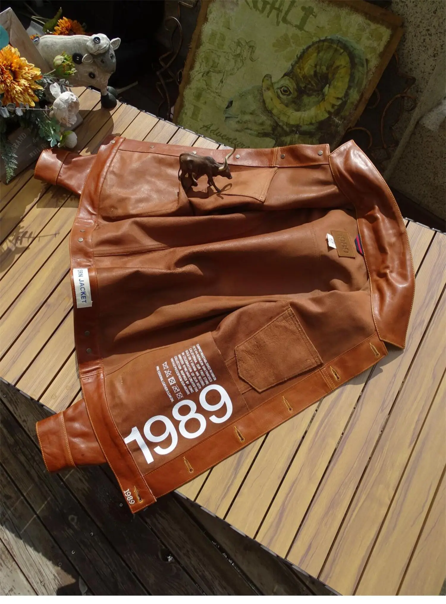 Brown Spring Leather Jacket Men Retro Style American Size Genuine Natural Cowhide Single Breasted Denim Leather Coat