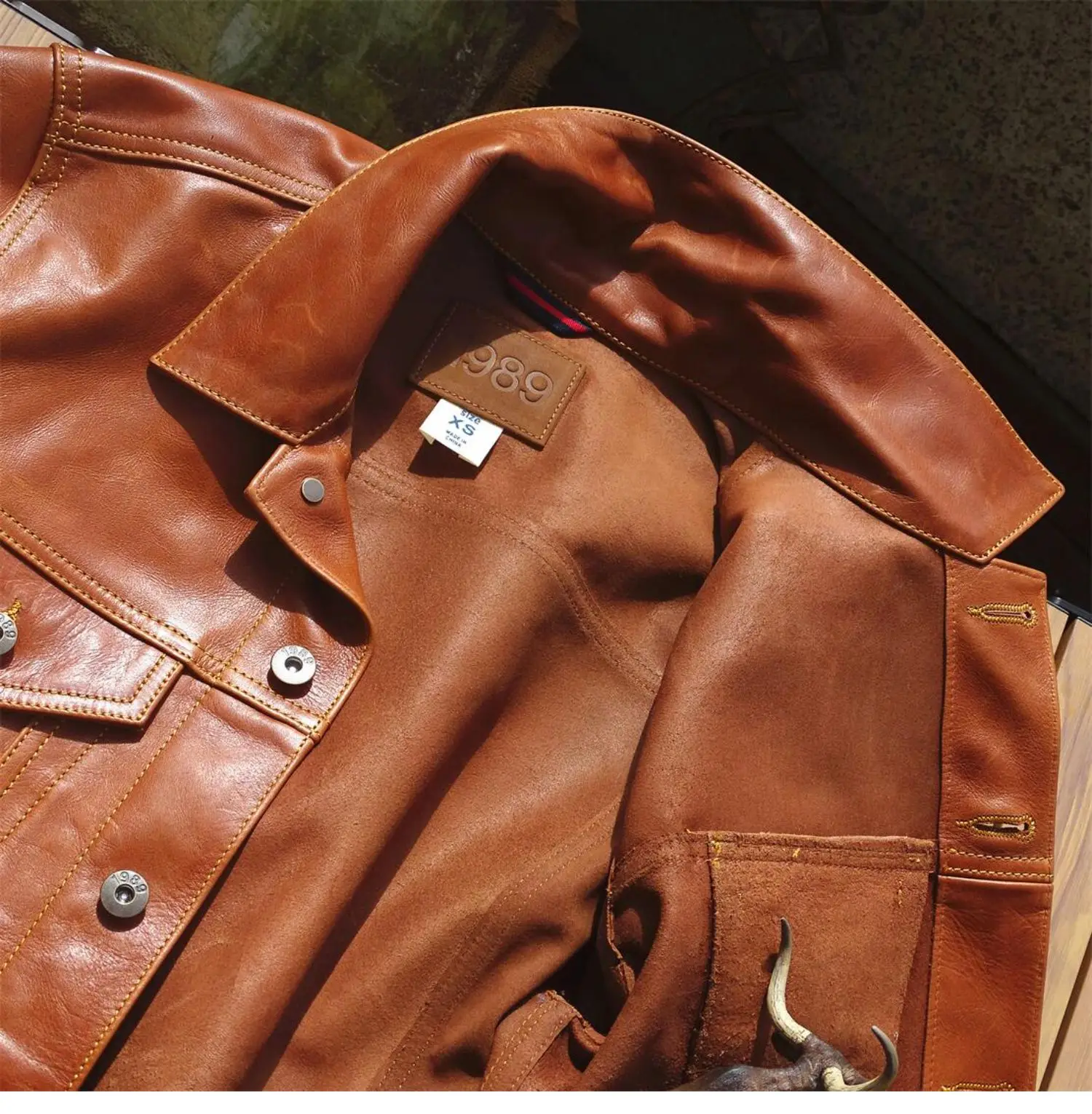 Brown Spring Leather Jacket Men Retro Style American Size Genuine Natural Cowhide Single Breasted Denim Leather Coat