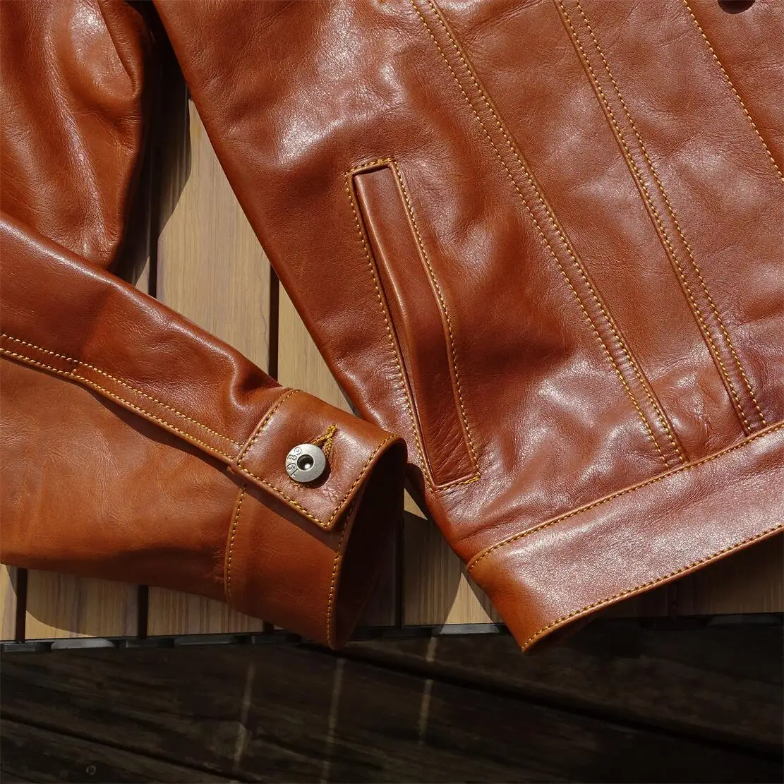 Brown Spring Leather Jacket Men Retro Style American Size Genuine Natural Cowhide Single Breasted Denim Leather Coat