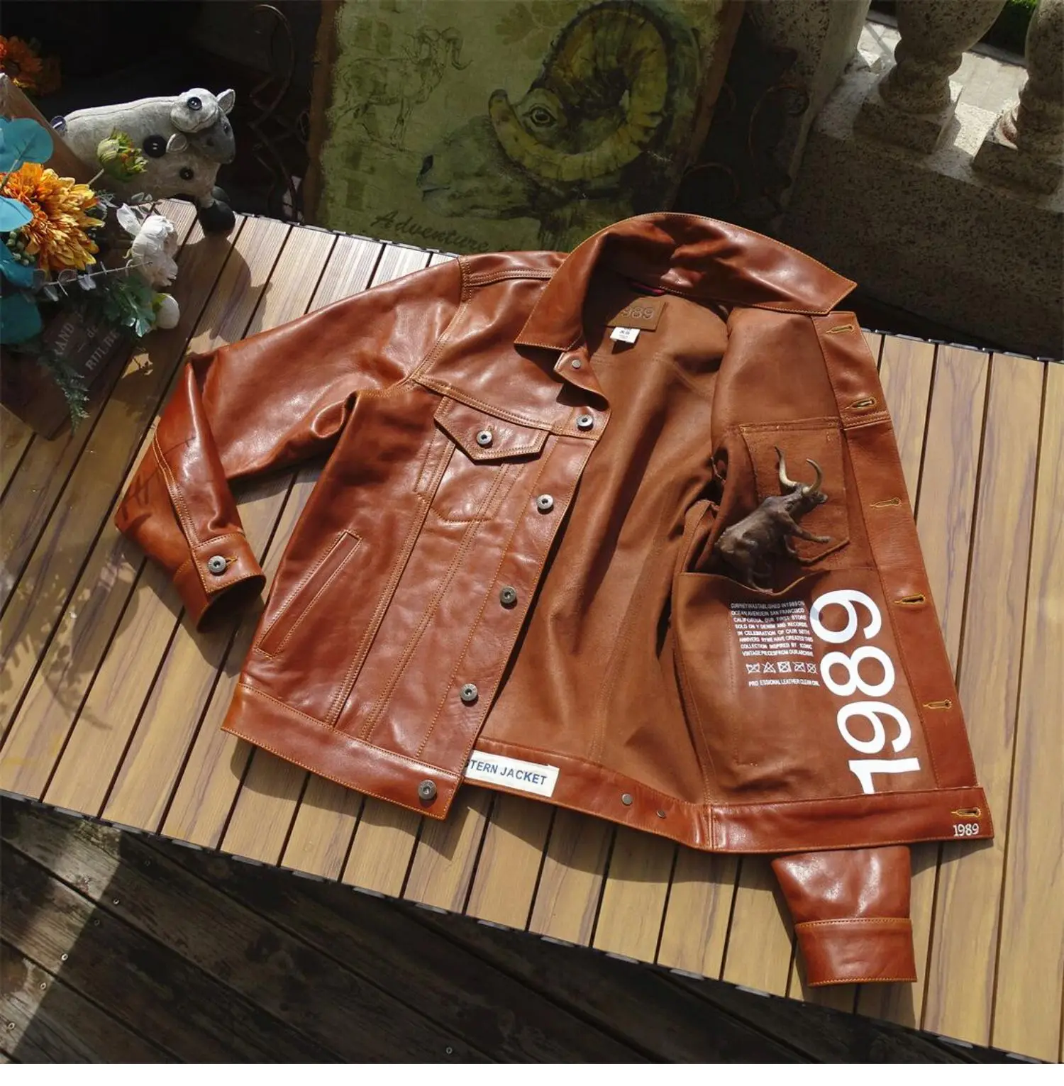 Brown Spring Leather Jacket Men Retro Style American Size Genuine Natural Cowhide Single Breasted Denim Leather Coat