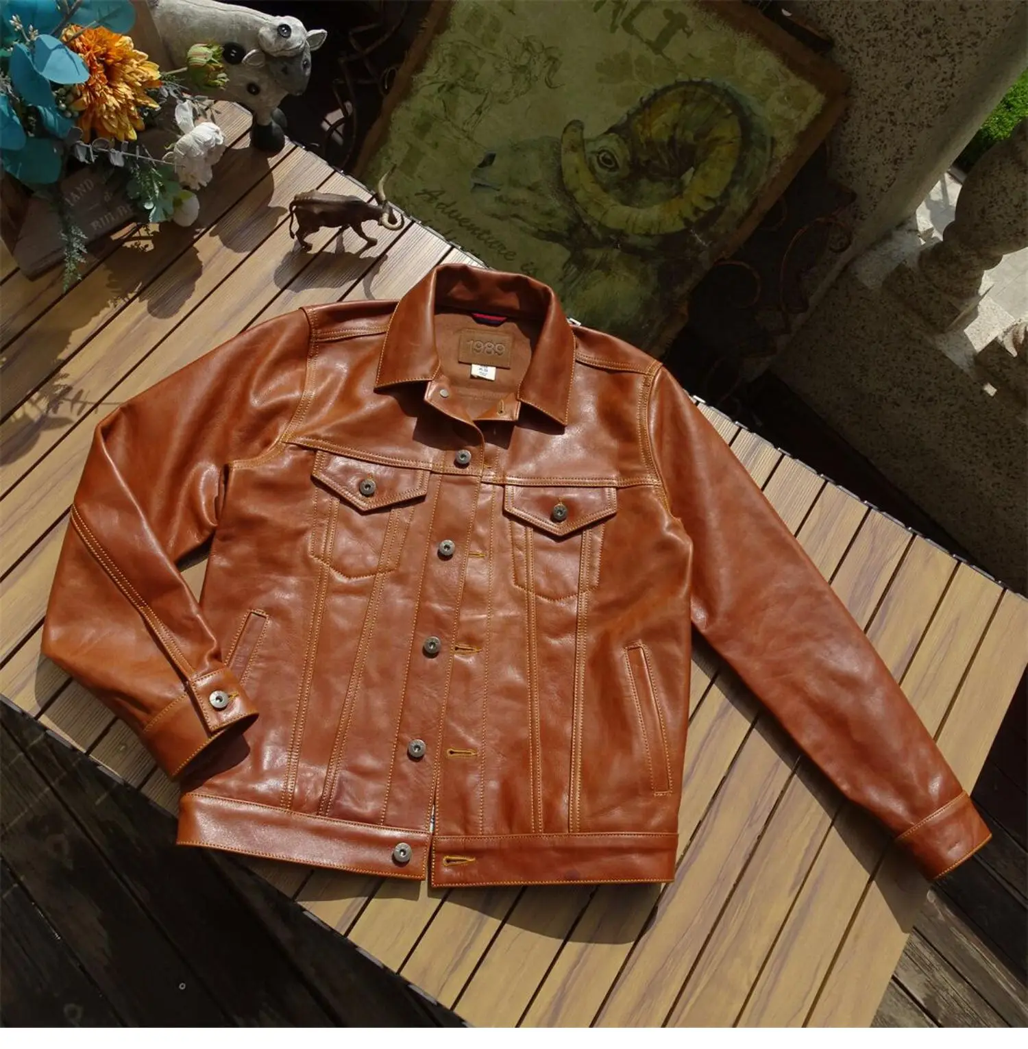 Brown Spring Leather Jacket Men Retro Style American Size Genuine Natural Cowhide Single Breasted Denim Leather Coat