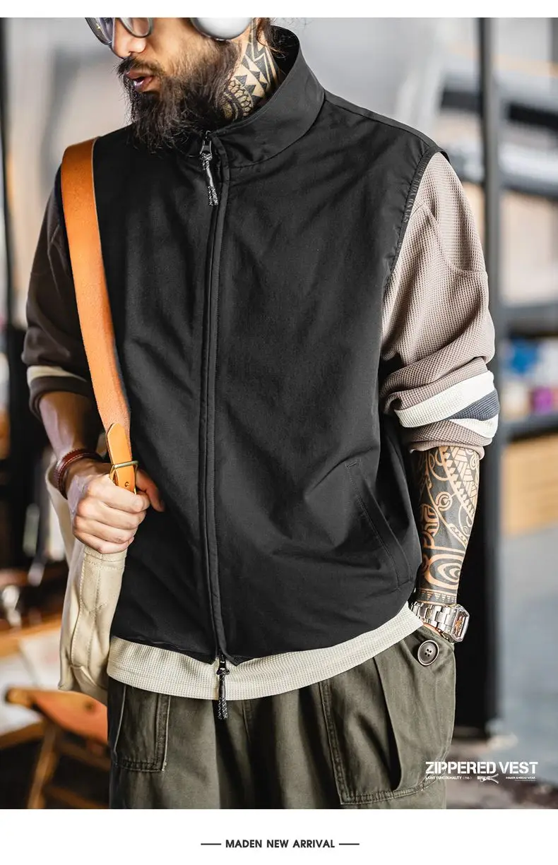 Maden Outdoor Men's Stand Collar Zip-Up Vest Lightweight Black Quick Dry Camping Fishing Waistcoat for Summer Sleeveless Jacket