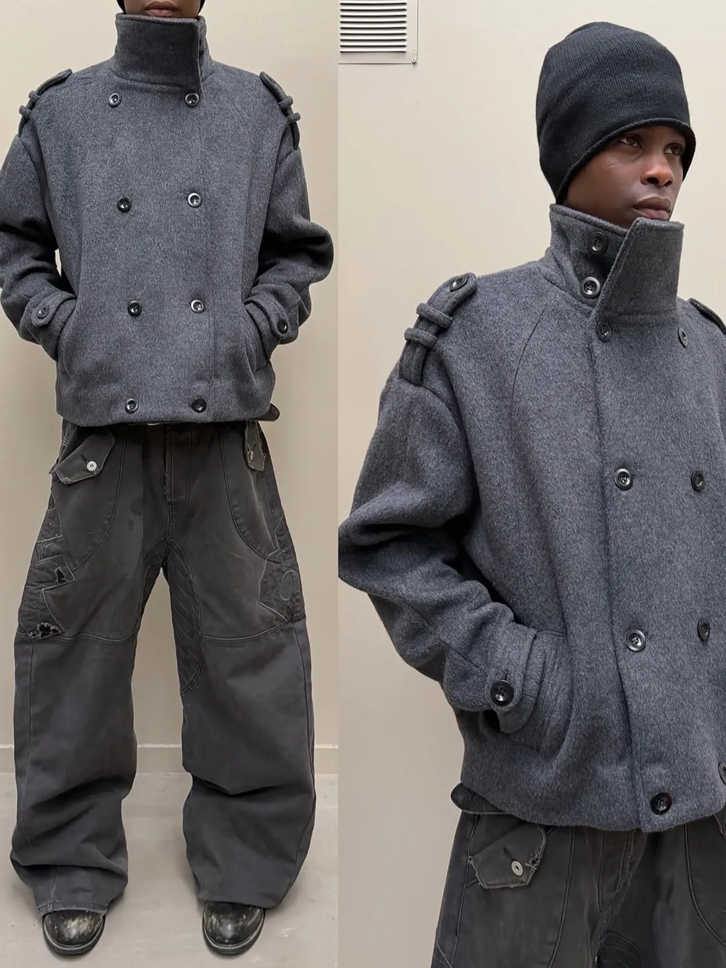 No faith studios double breasted stand-up collar double-sided wool boxy jacket