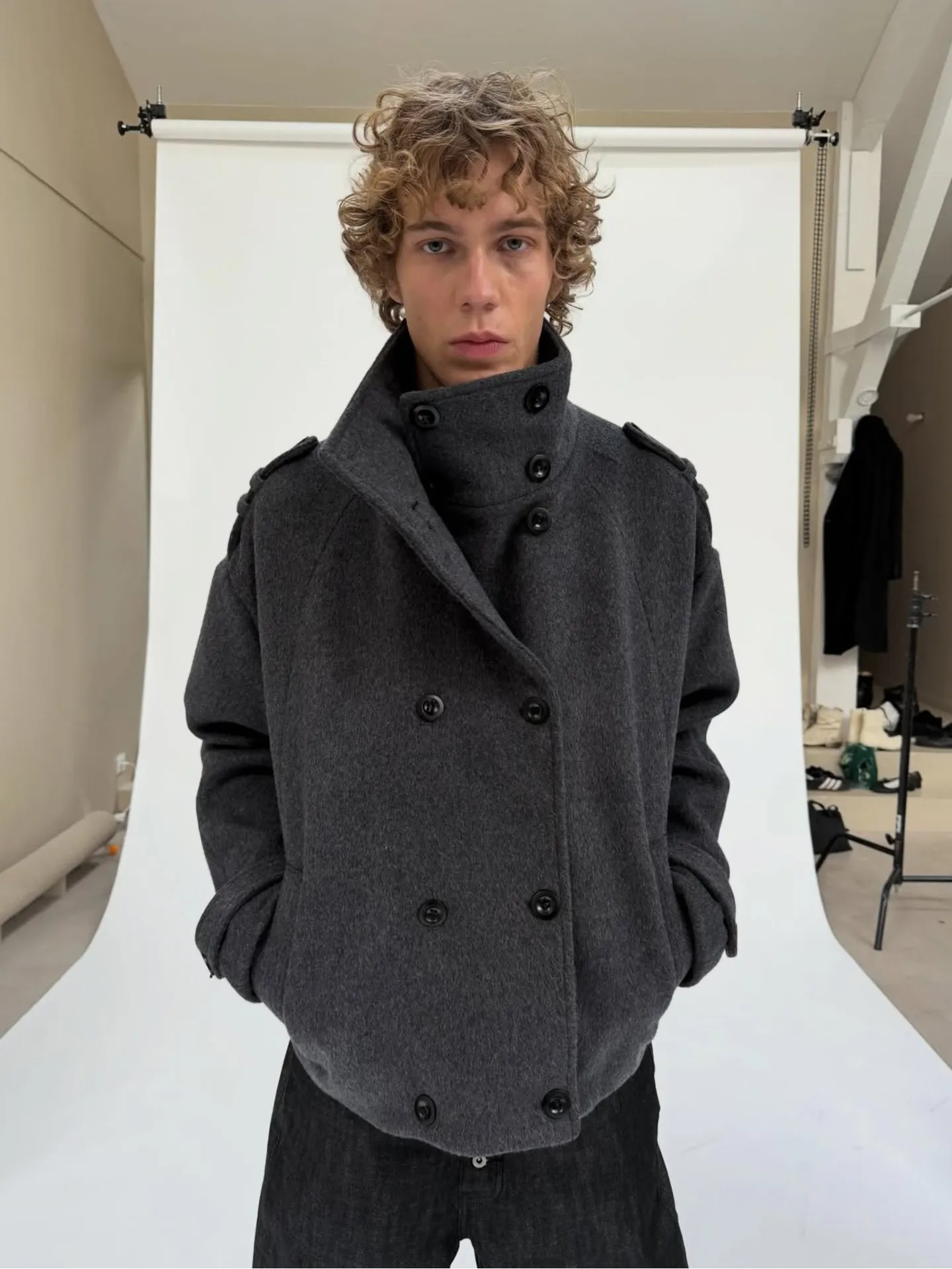 No faith studios double breasted stand-up collar double-sided wool boxy jacket