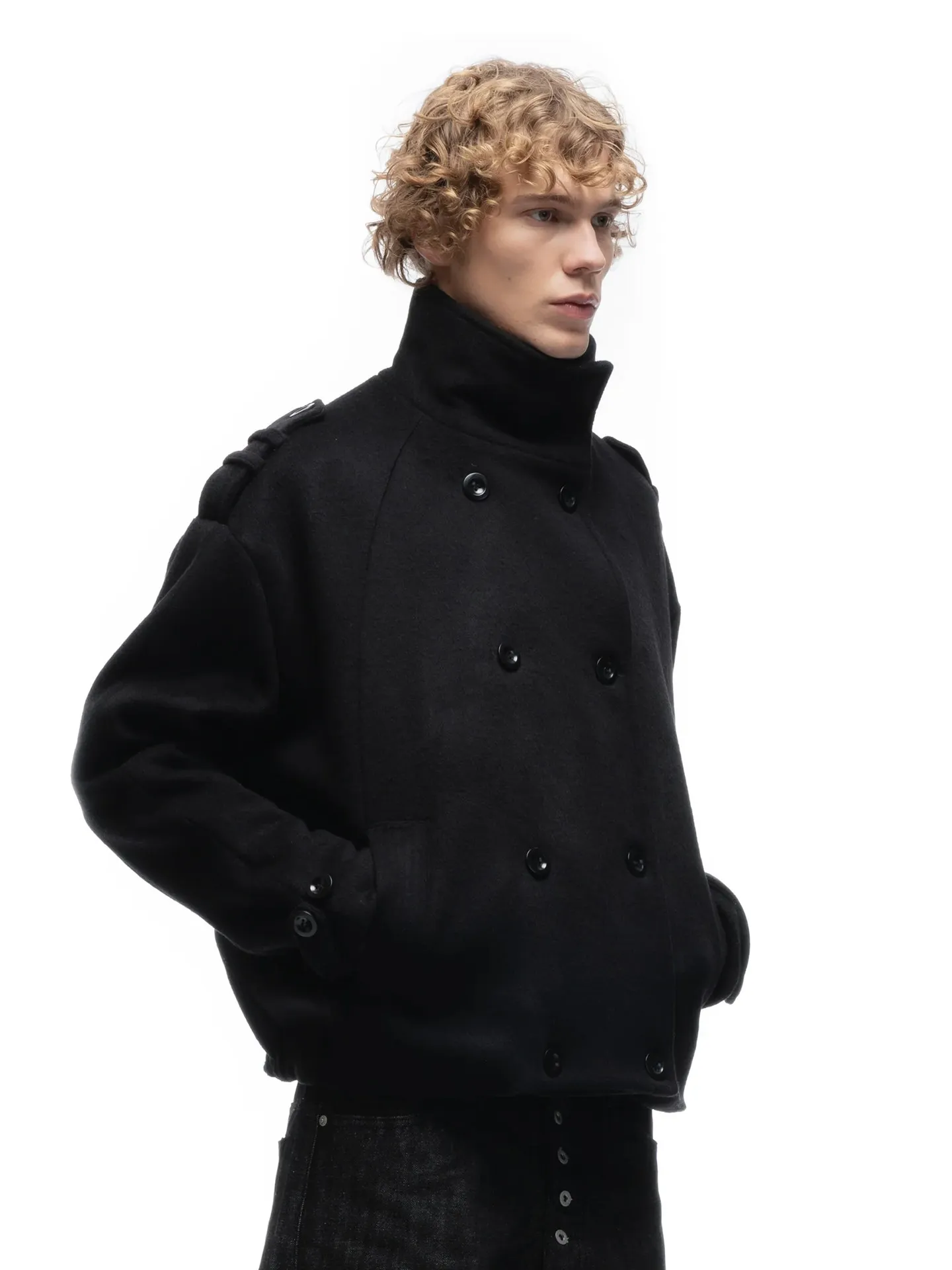 No faith studios double breasted stand-up collar double-sided wool boxy jacket