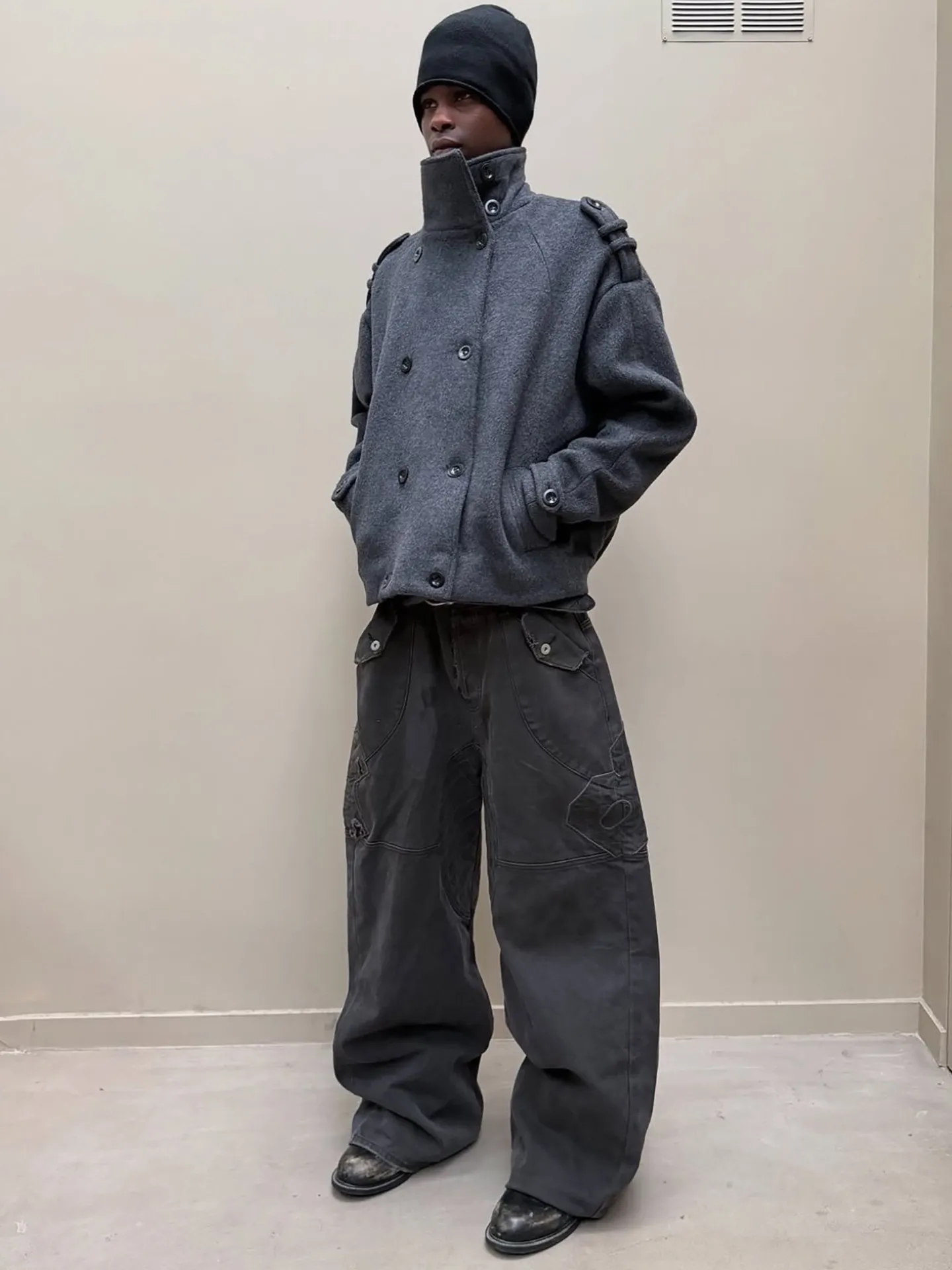 No faith studios double breasted stand-up collar double-sided wool boxy jacket