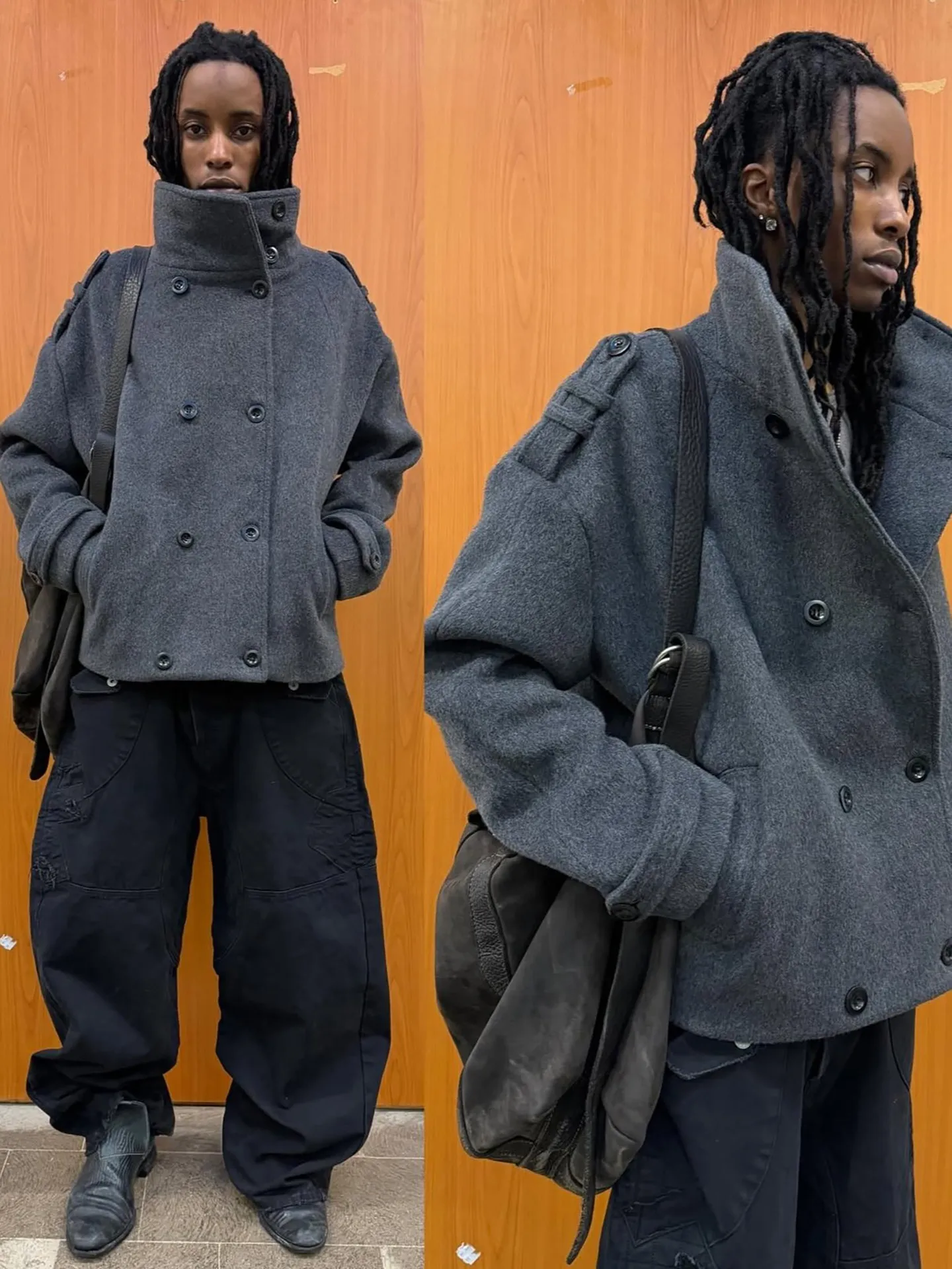 No faith studios double breasted stand-up collar double-sided wool boxy jacket