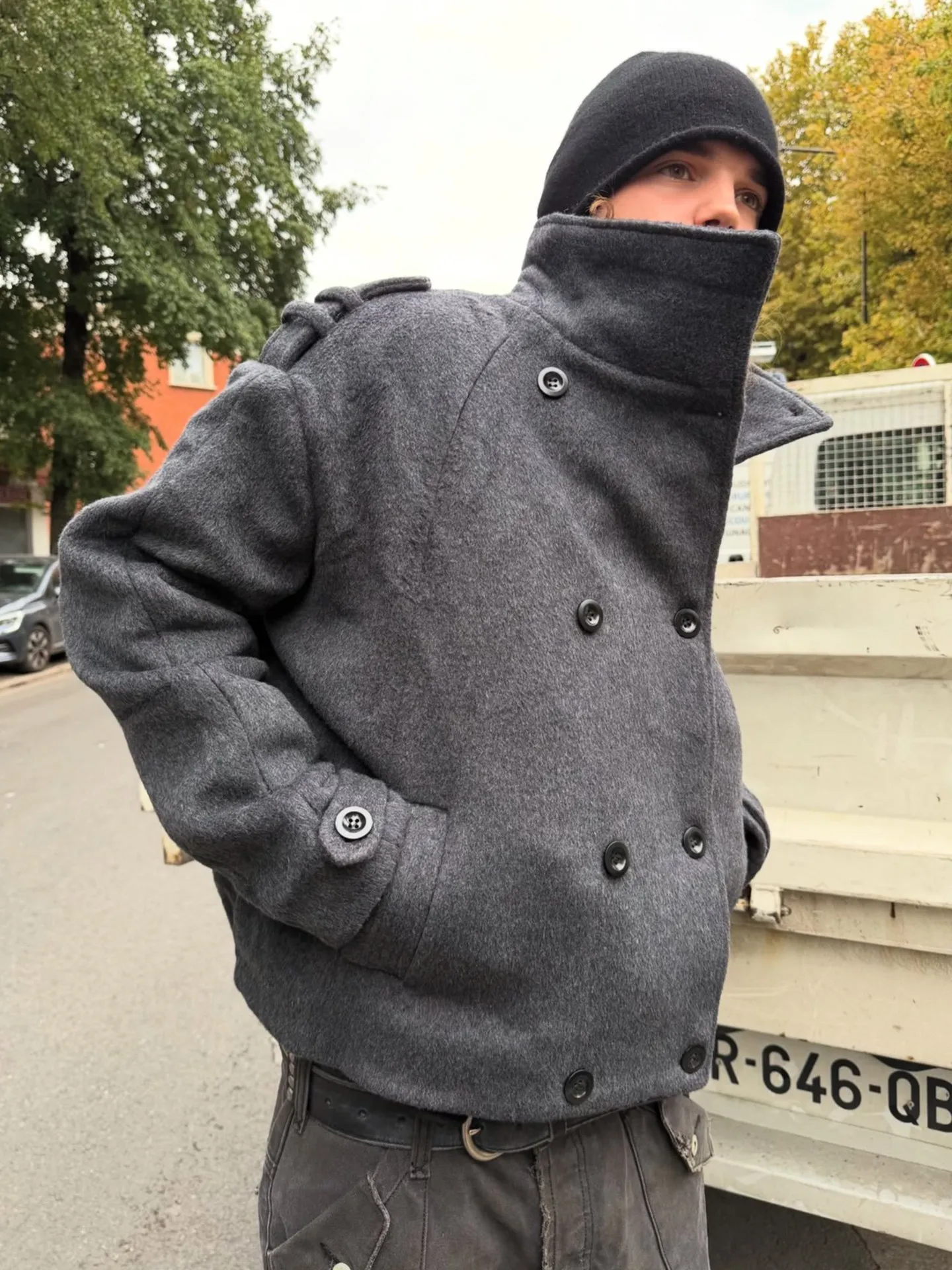 No faith studios double breasted stand-up collar double-sided wool boxy jacket
