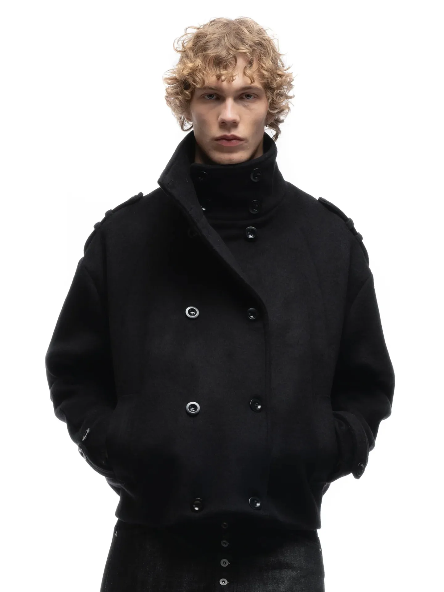 No faith studios double breasted stand-up collar double-sided wool boxy jacket