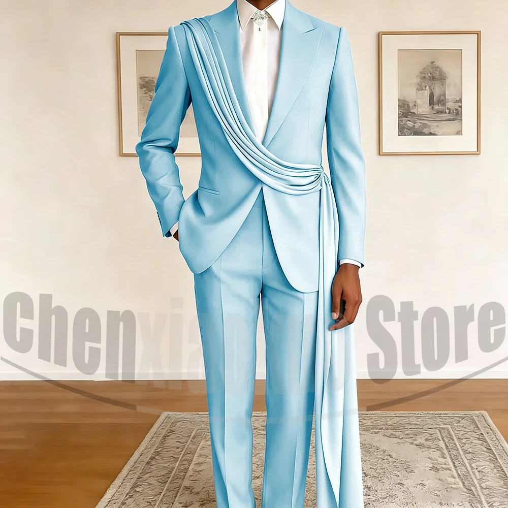 Fashion Men's Suit with Drape Detail Peak Lapel Blazer and Pants Chic Smart Casual Formal Wedding Party Prom Tuxedo 2 Piece