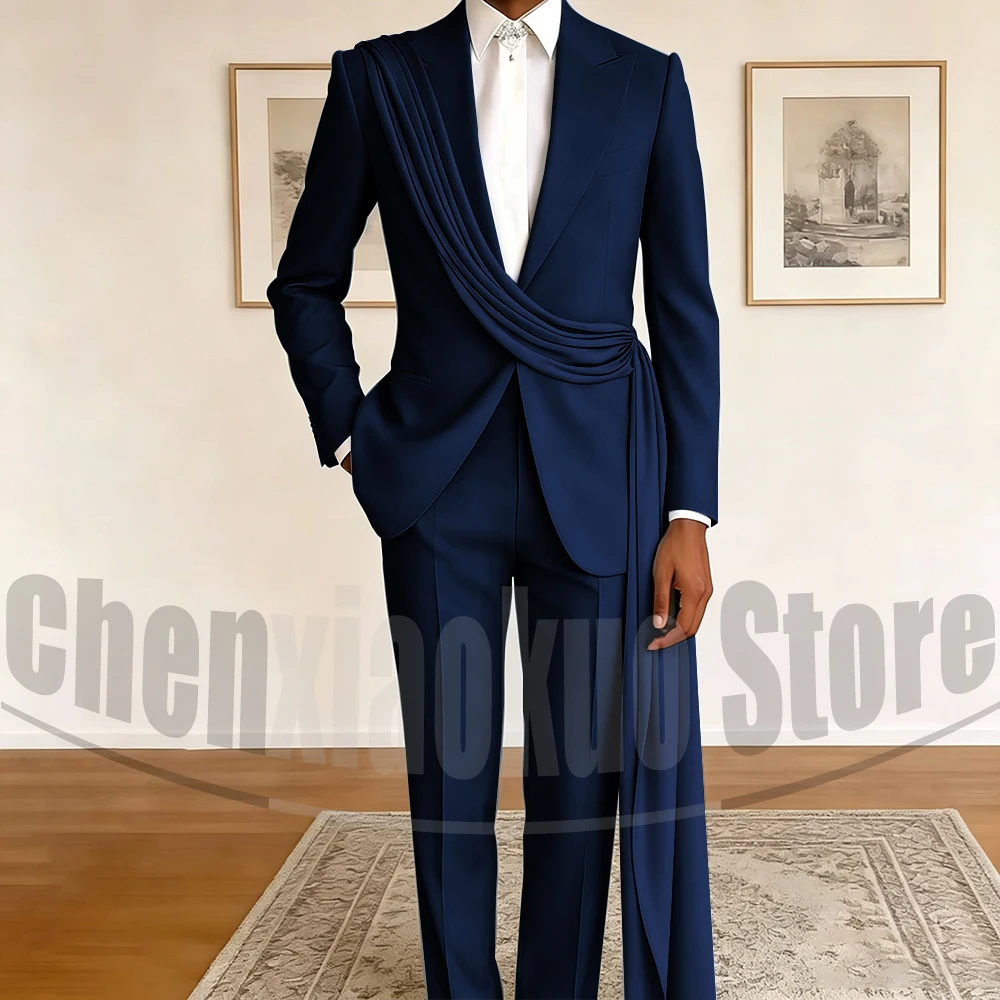 Fashion Men's Suit with Drape Detail Peak Lapel Blazer and Pants Chic Smart Casual Formal Wedding Party Prom Tuxedo 2 Piece
