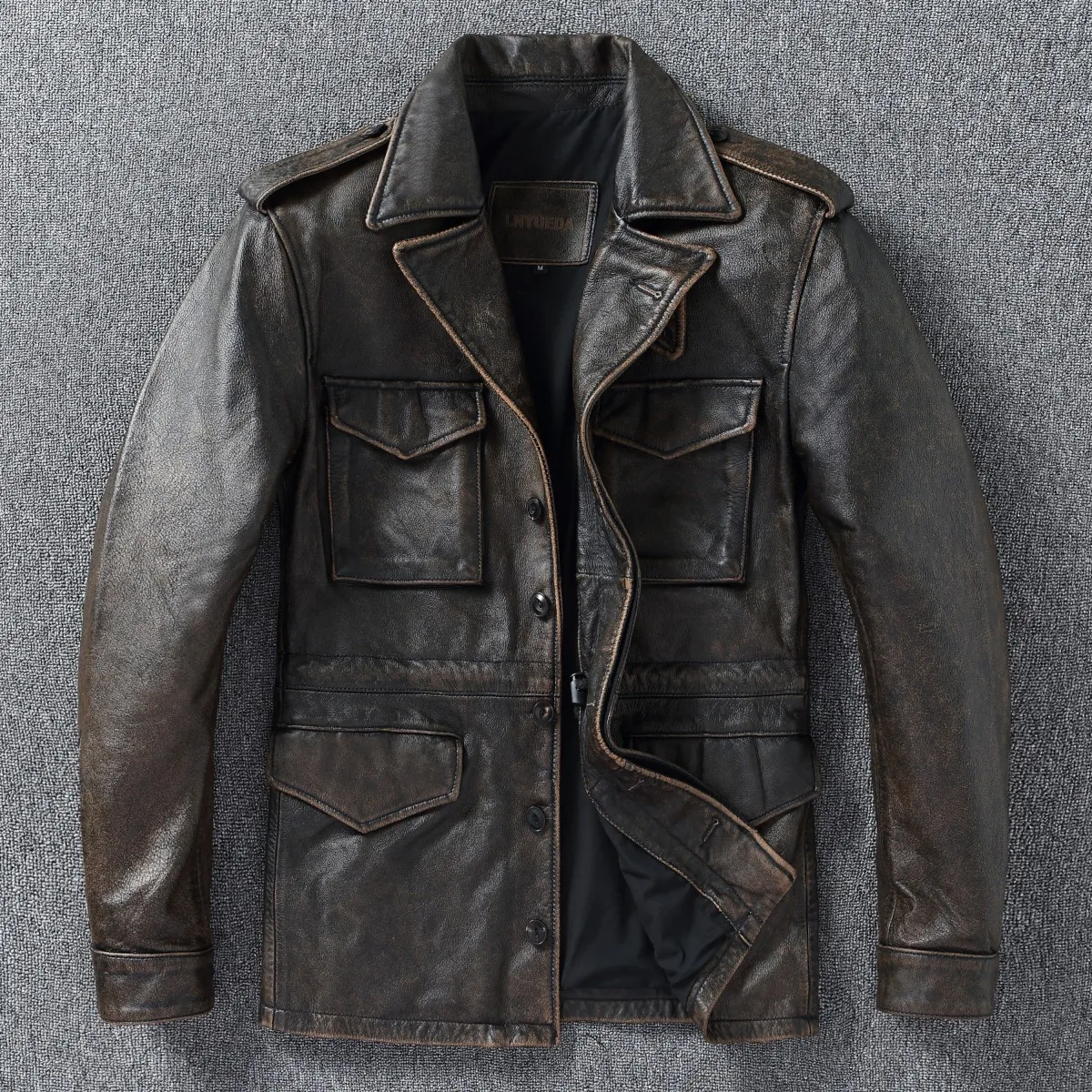 Classic M43 Trench Coat Cowhide Military Genuine Leather Jacket Medium and Long Multi-pocket Mens Vintage Leather Jacket
