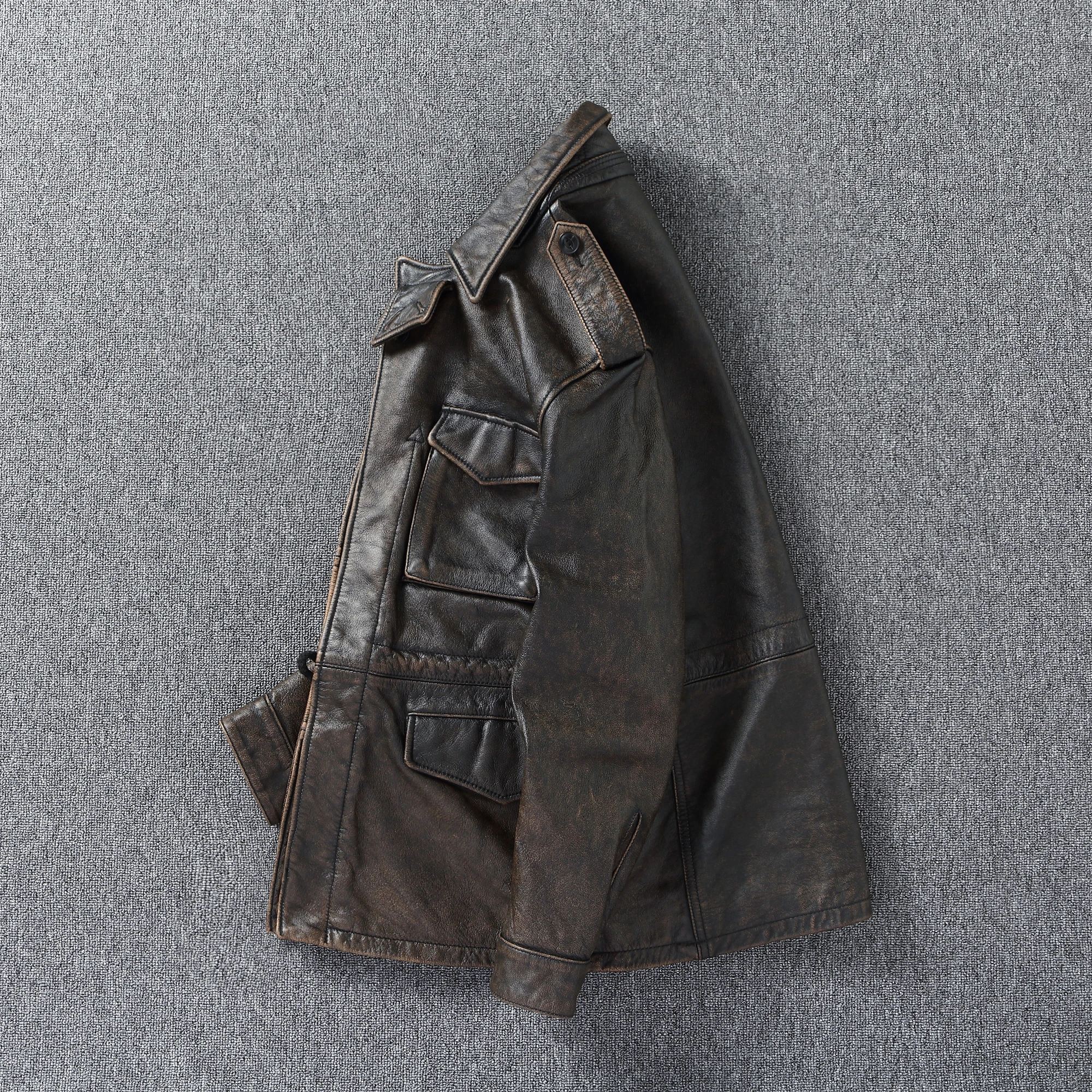 Classic M43 Trench Coat Cowhide Military Genuine Leather Jacket Medium and Long Multi-pocket Mens Vintage Leather Jacket