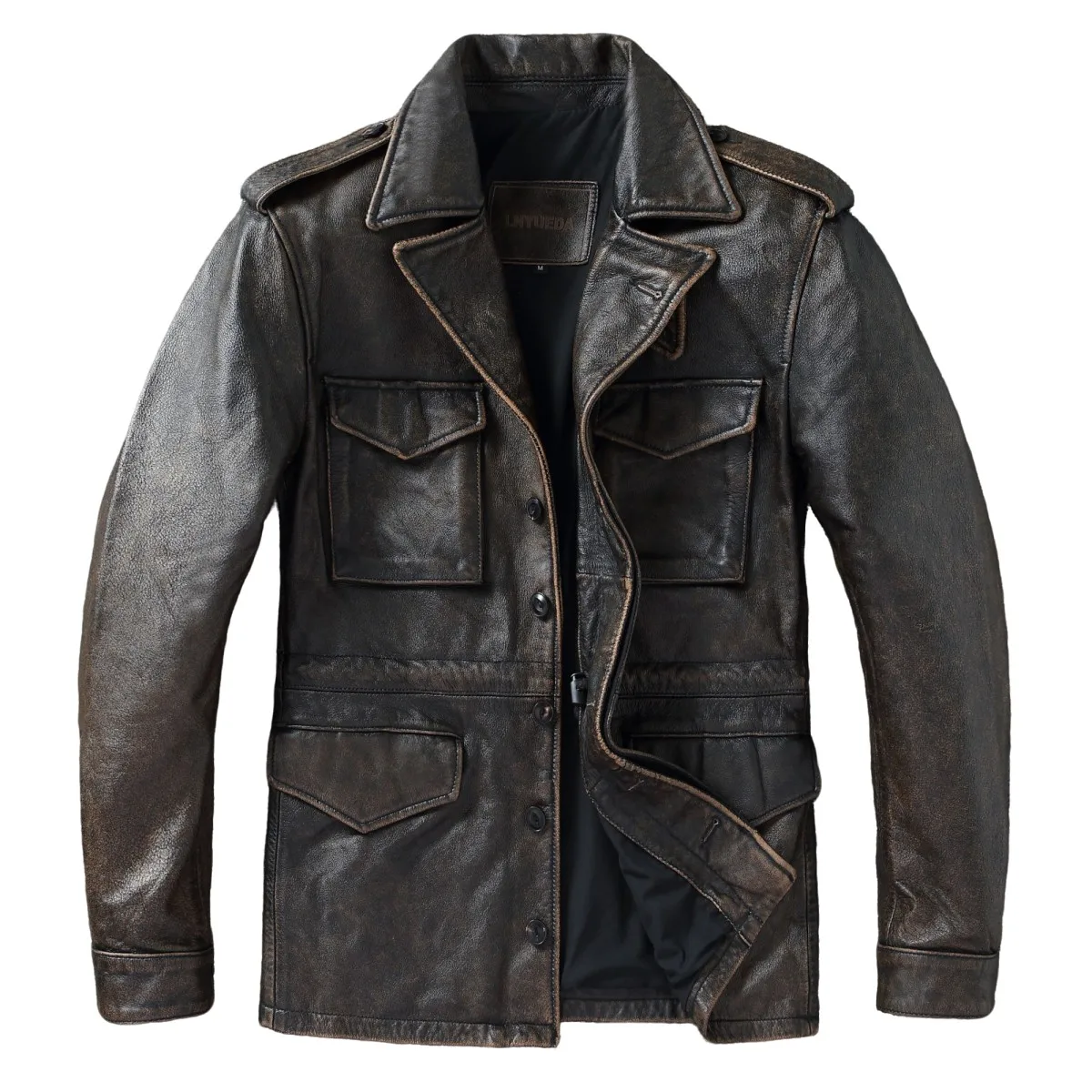 Classic M43 Trench Coat Cowhide Military Genuine Leather Jacket Medium and Long Multi-pocket Mens Vintage Leather Jacket