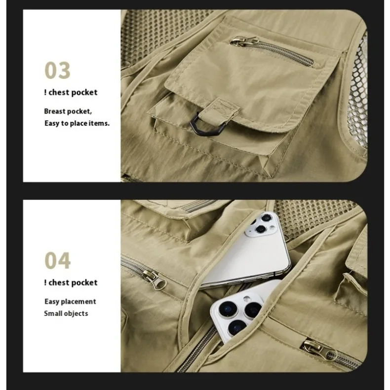 Men's Summer Vest Multipockets Mesh Lined Breathable Sleeveless Jacket Thin Outdoor Fishing Photographer Tool Waistcoat Men