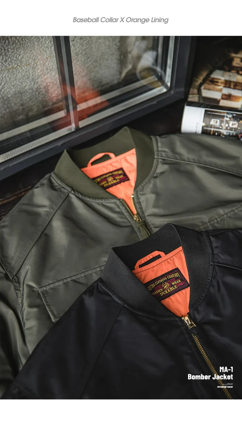 Maden Baseball Collar MA1 Bomber Jacket for Men Classical Orange Lining Double-pocket Coats Thickened Fall and Winter Jacket