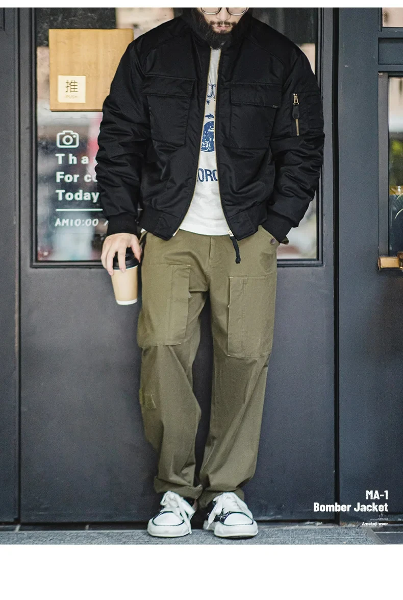 Maden Baseball Collar MA1 Bomber Jacket for Men Classical Orange Lining Double-pocket Coats Thickened Fall and Winter Jacket