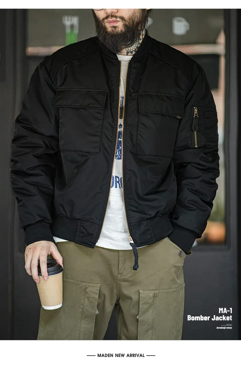 Maden Baseball Collar MA1 Bomber Jacket for Men Classical Orange Lining Double-pocket Coats Thickened Fall and Winter Jacket