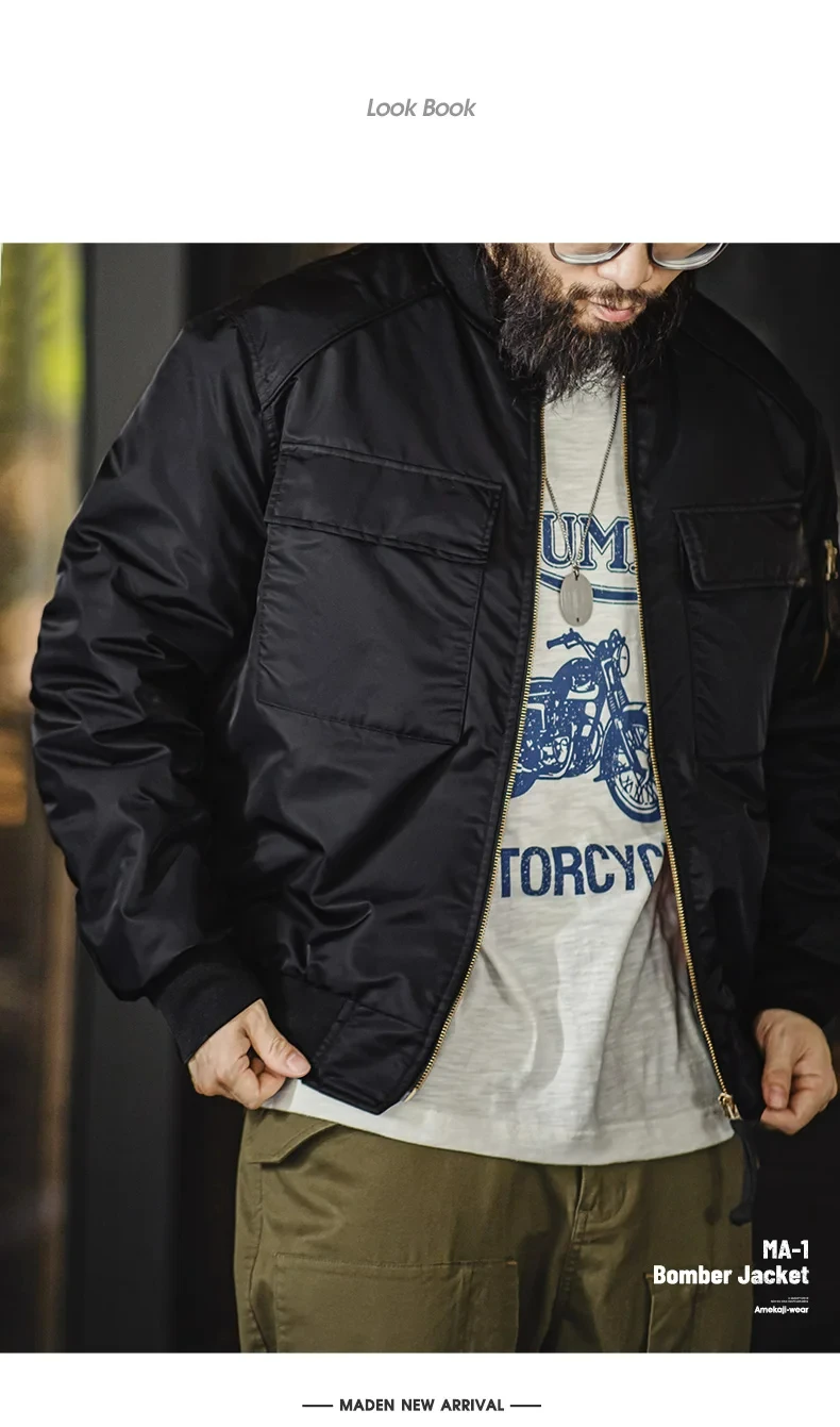 Maden Baseball Collar MA1 Bomber Jacket for Men Classical Orange Lining Double-pocket Coats Thickened Fall and Winter Jacket