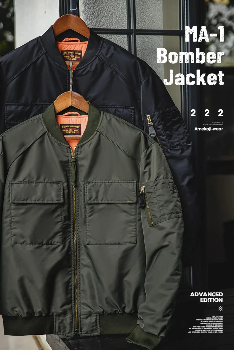 Maden Baseball Collar MA1 Bomber Jacket for Men Classical Orange Lining Double-pocket Coats Thickened Fall and Winter Jacket