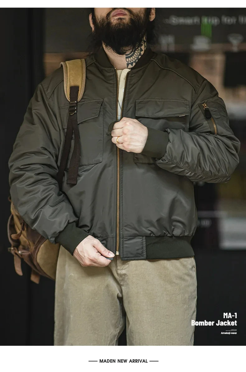 Maden Baseball Collar MA1 Bomber Jacket for Men Classical Orange Lining Double-pocket Coats Thickened Fall and Winter Jacket