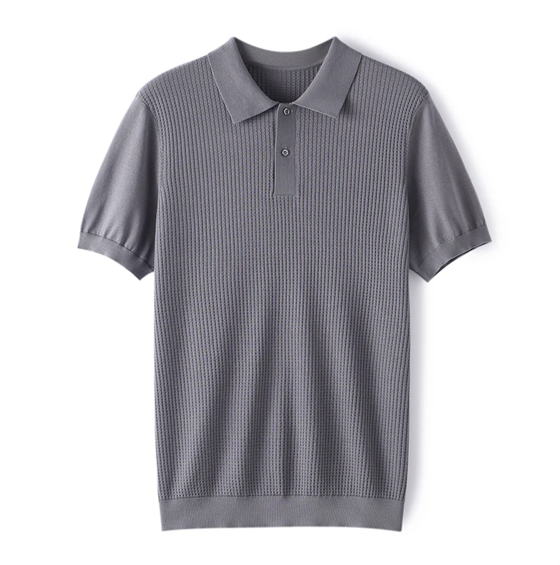 Summer New T-Shirt Men's POLO Collar Pullover Top Casual Knitted Mulberry Silk Short Sleeve Solid Color Business Bottom Shirt