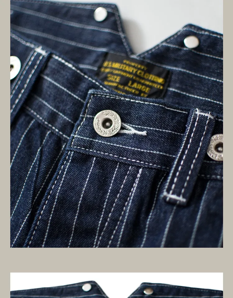 13.5oz Paris Buckle Vintage Vertical Striped Raw Blue Denim Jeans Men Amekaji Wide Leg Loose Straight Bib Suit Pants Handsome