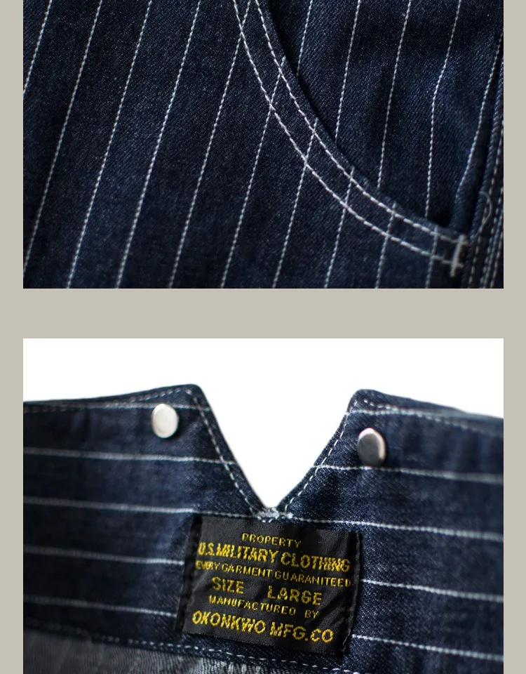 13.5oz Paris Buckle Vintage Vertical Striped Raw Blue Denim Jeans Men Amekaji Wide Leg Loose Straight Bib Suit Pants Handsome
